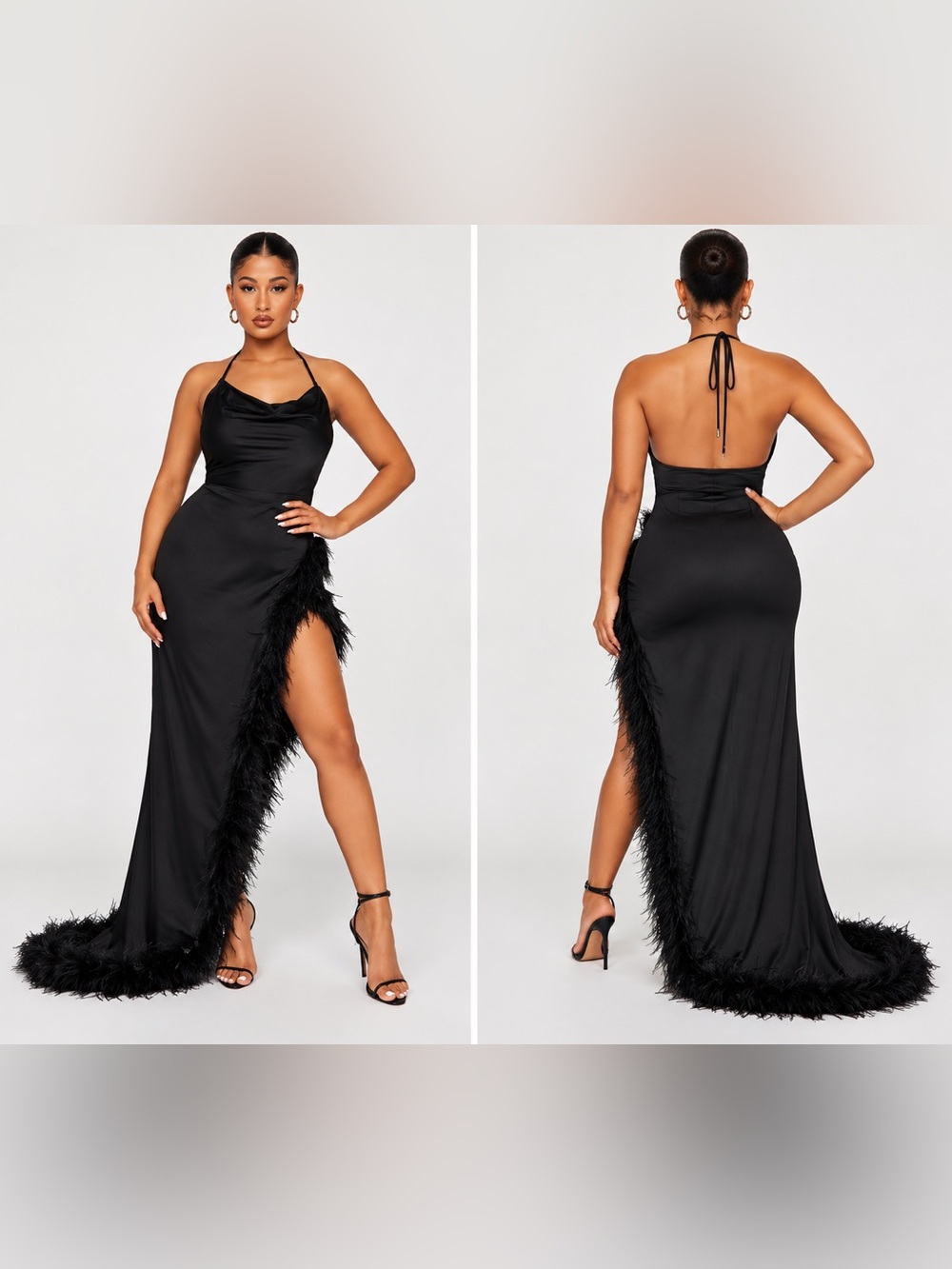 Satin Maxi Fur Trim Dress